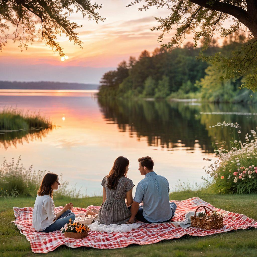 A serene sunset scene featuring a couple sitting closely on a picnic blanket, surrounded by blooming flowers and soft greenery, engaged in deep conversation, with their hands gently touching. The background should include a tranquil lake reflecting the warm colors of the sunset, symbolizing connection and intimacy. Soft bokeh highlights to create a dreamy atmosphere. vibrant colors. romantic art.