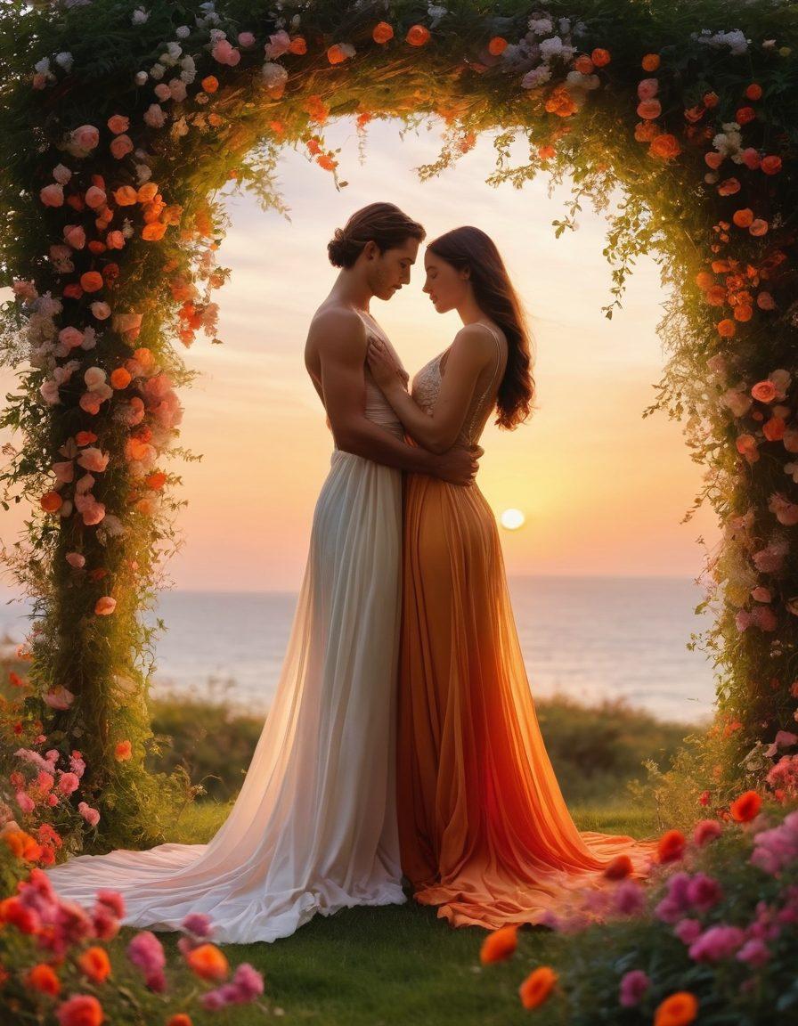 A captivating scene featuring two intertwined figures in a lush, romantic setting, surrounded by vibrant flowers and soft, ambient lighting. Sensual expressions and playful interactions convey deep emotional connection and exhilaration, with wisps of fabric flowing gracefully around them. A distant sunset bathes the entire scene in warm golden hues, enhancing the intimate atmosphere. dreamy and ethereal. vibrant colors. soft focus.