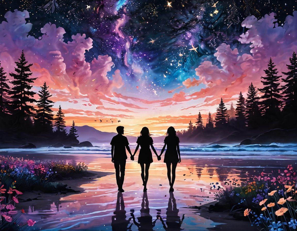 A serene landscape with intertwined silhouettes of two people holding hands, surrounded by soft, glowing light, symbolizing intimacy and connection. Ethereal flowers bloom around them, adding a touch of whimsy and joy. Gentle waves of color flow in the background, representing sensual adventures. Include elements like sparkling stars or butterflies for an enchanting effect. super-realistic. vibrant colors. soft focus.